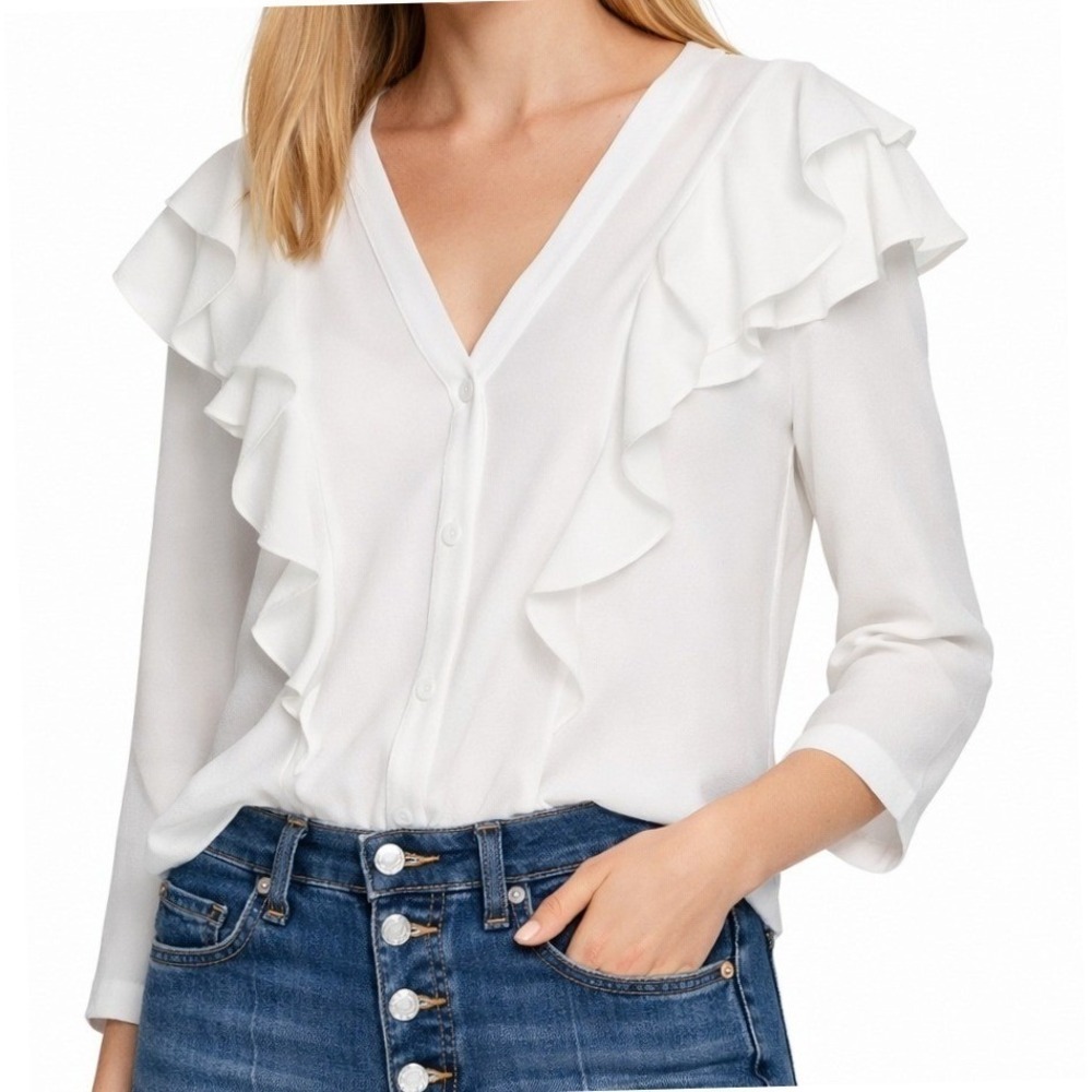 Veronica Beard Womens 4 White Ruffle Shoulder Button Front Blouse‎